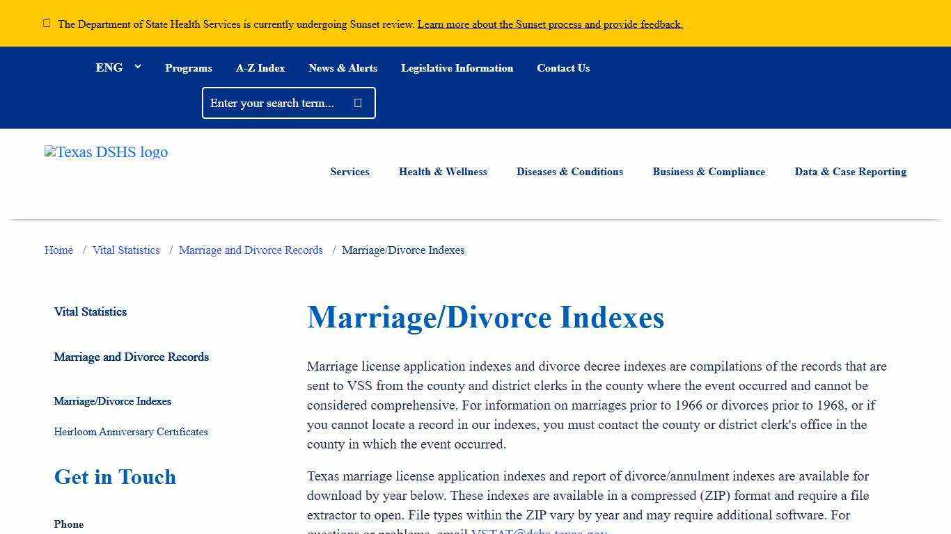Marriage/Divorce Indexes | Texas DSHS