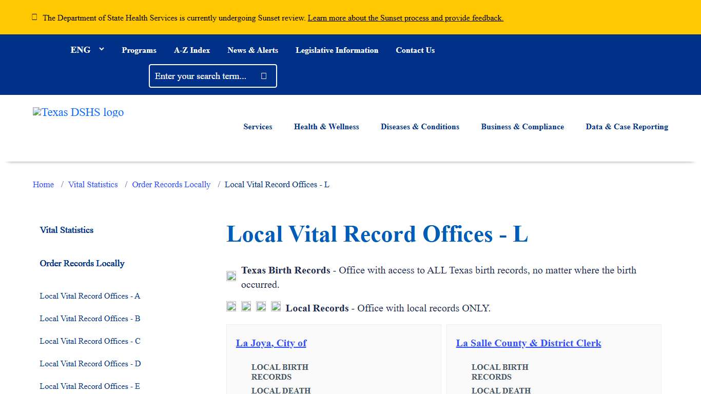 Local Vital Record Offices - L | Texas DSHS