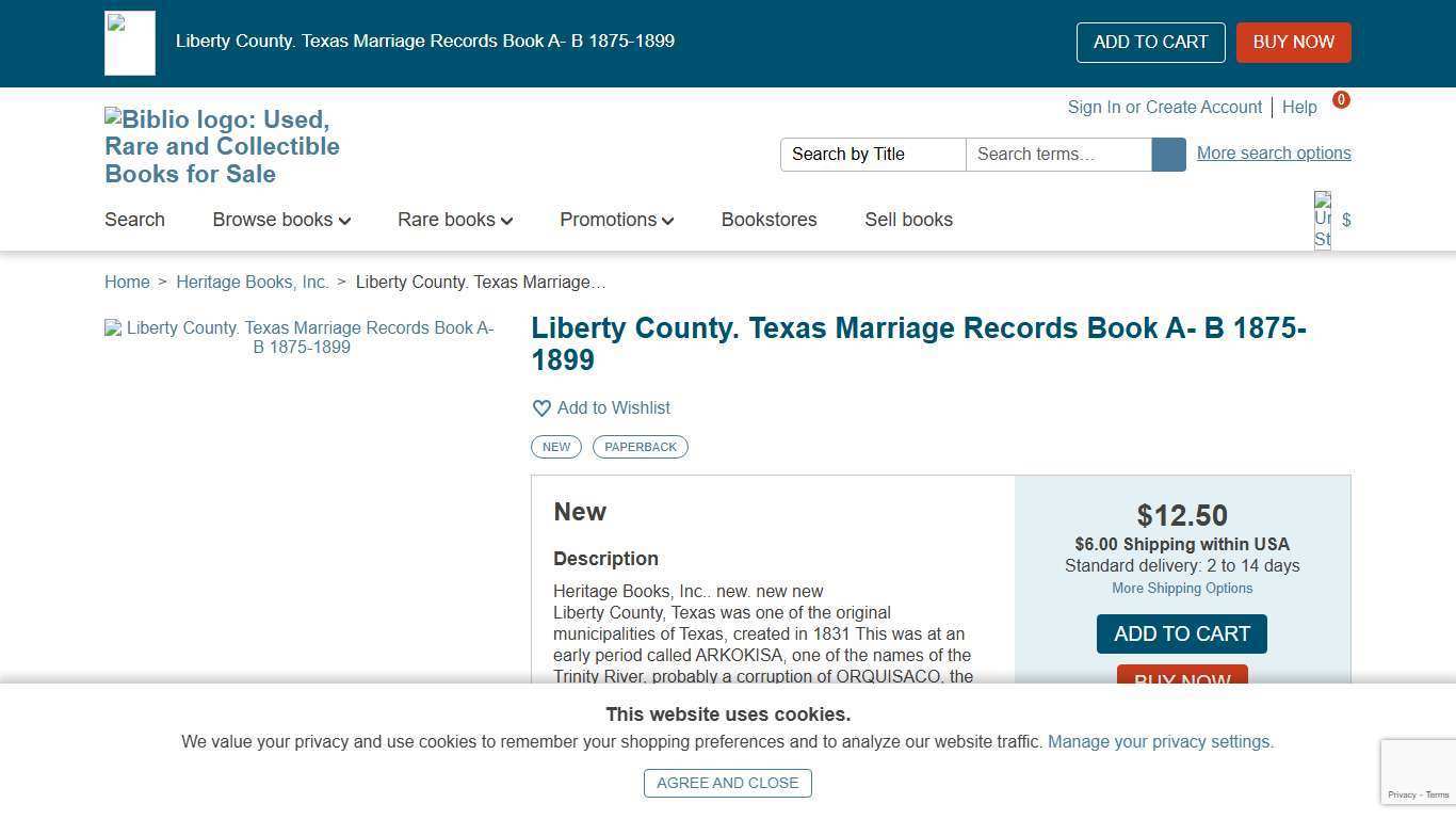 Liberty County. Texas Marriage Records Book A- B 1875-1899 Heritage Books, Inc. | Biblio